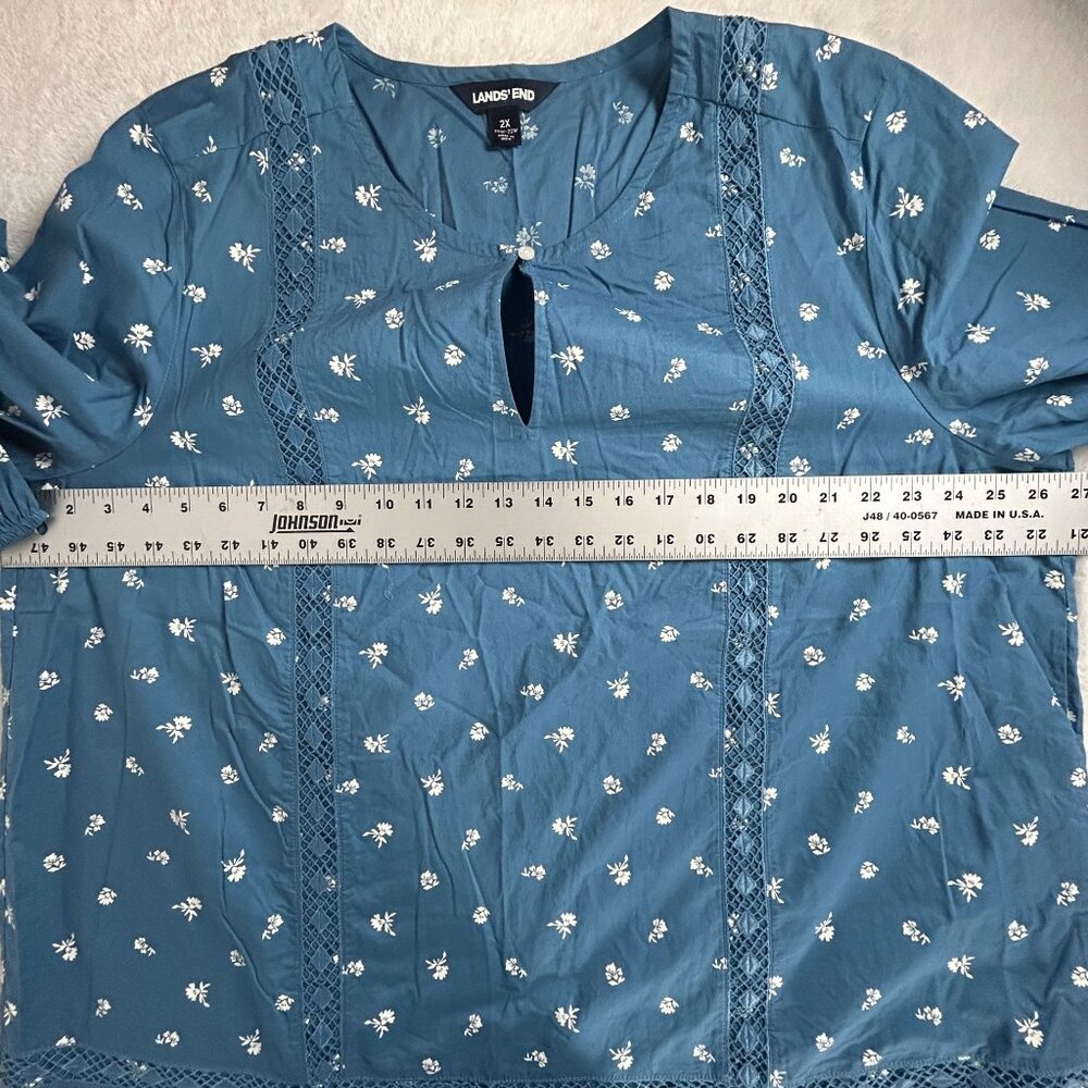 Lands End Womens 2X Blue Floral Cotton Tunic Top Lace Detail Long Sleeve NWOT - Picture 6 of 9